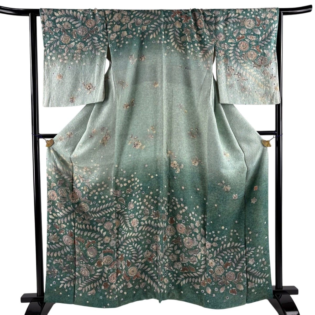 訪問着 身丈163.5cm 裄丈65.5cm M 袷 落款 辻が花 ぼかし 灰緑 正絹 名品 【中古】
