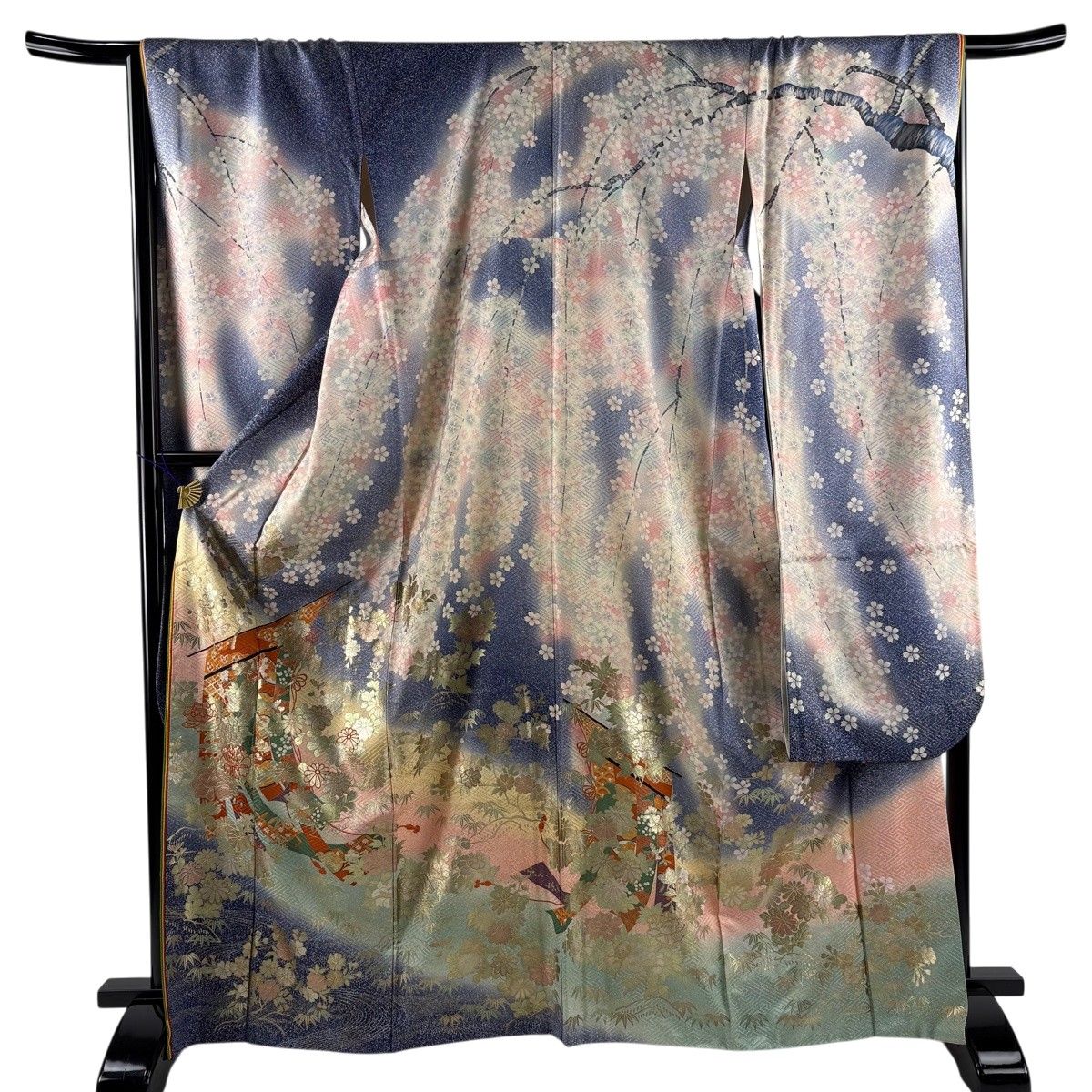 振袖 身丈166.5cm 裄丈68cm L 袷 桂由美 落款 几帳 草花 金銀彩 染め分け 紺色 正絹 名品 【中古】
