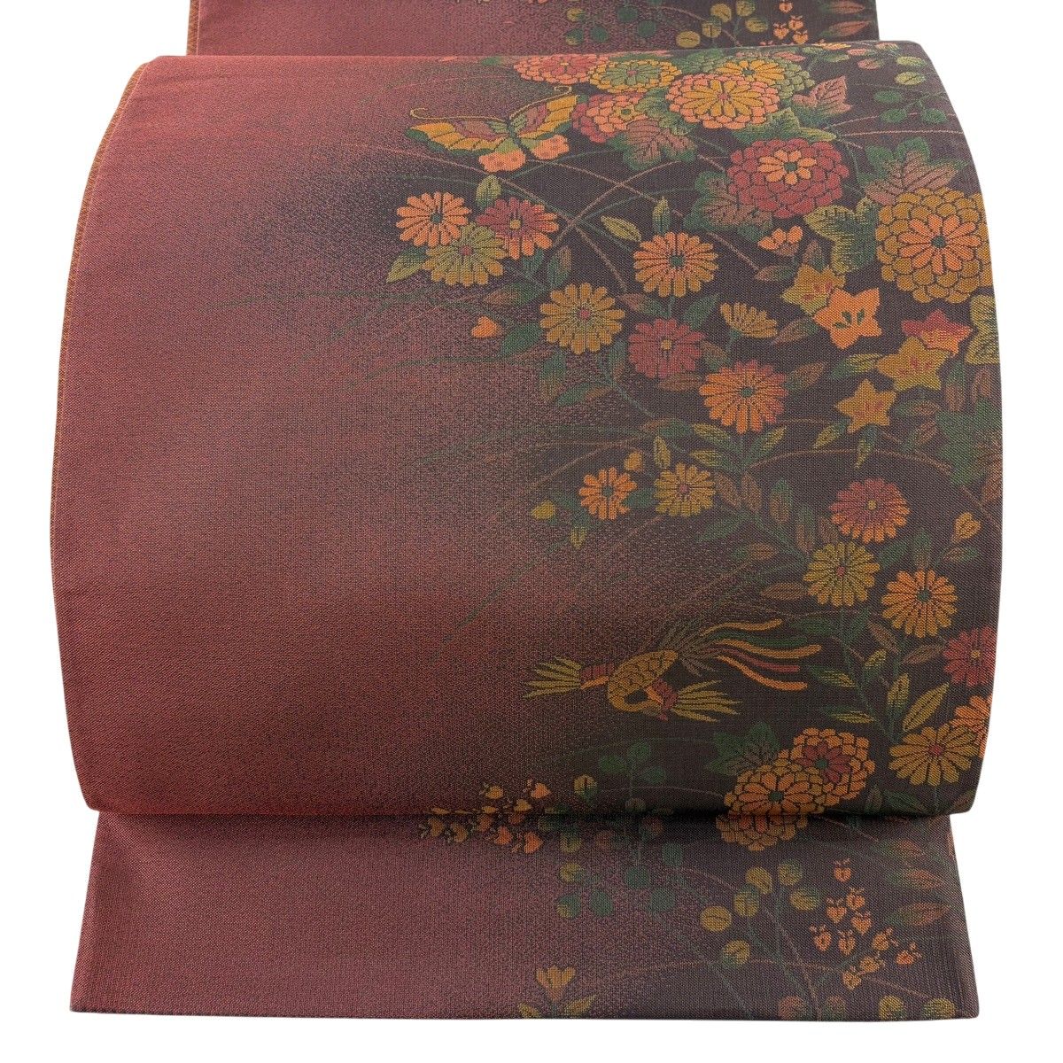 【美品】 袋帯 秀品 秋草 鳥 赤茶 全通 正絹 【中古】
