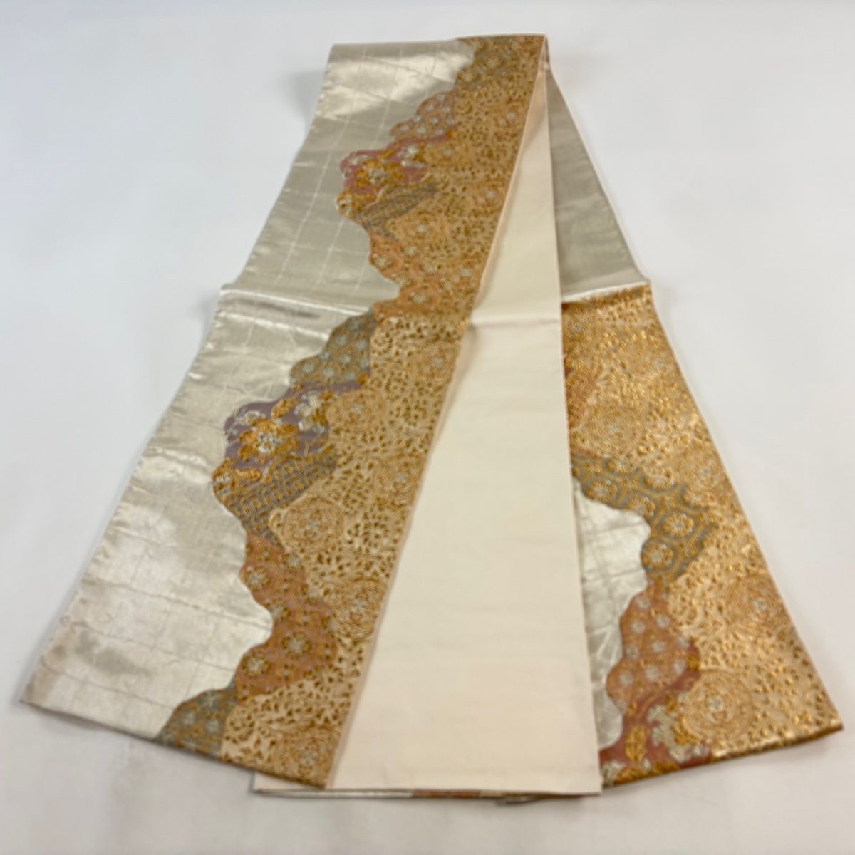 【美品】 袋帯 秀品 花唐草 蜀江文 金銀糸 箔 銀色 六通 正絹 【中古】