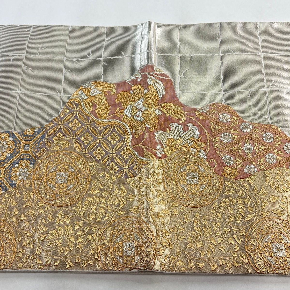 【美品】 袋帯 秀品 花唐草 蜀江文 金銀糸 箔 銀色 六通 正絹 【中古】