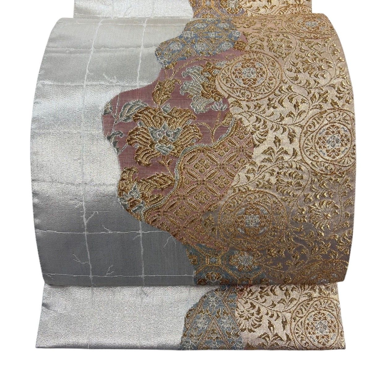 【美品】 袋帯 秀品 花唐草 蜀江文 金銀糸 箔 銀色 六通 正絹 【中古】