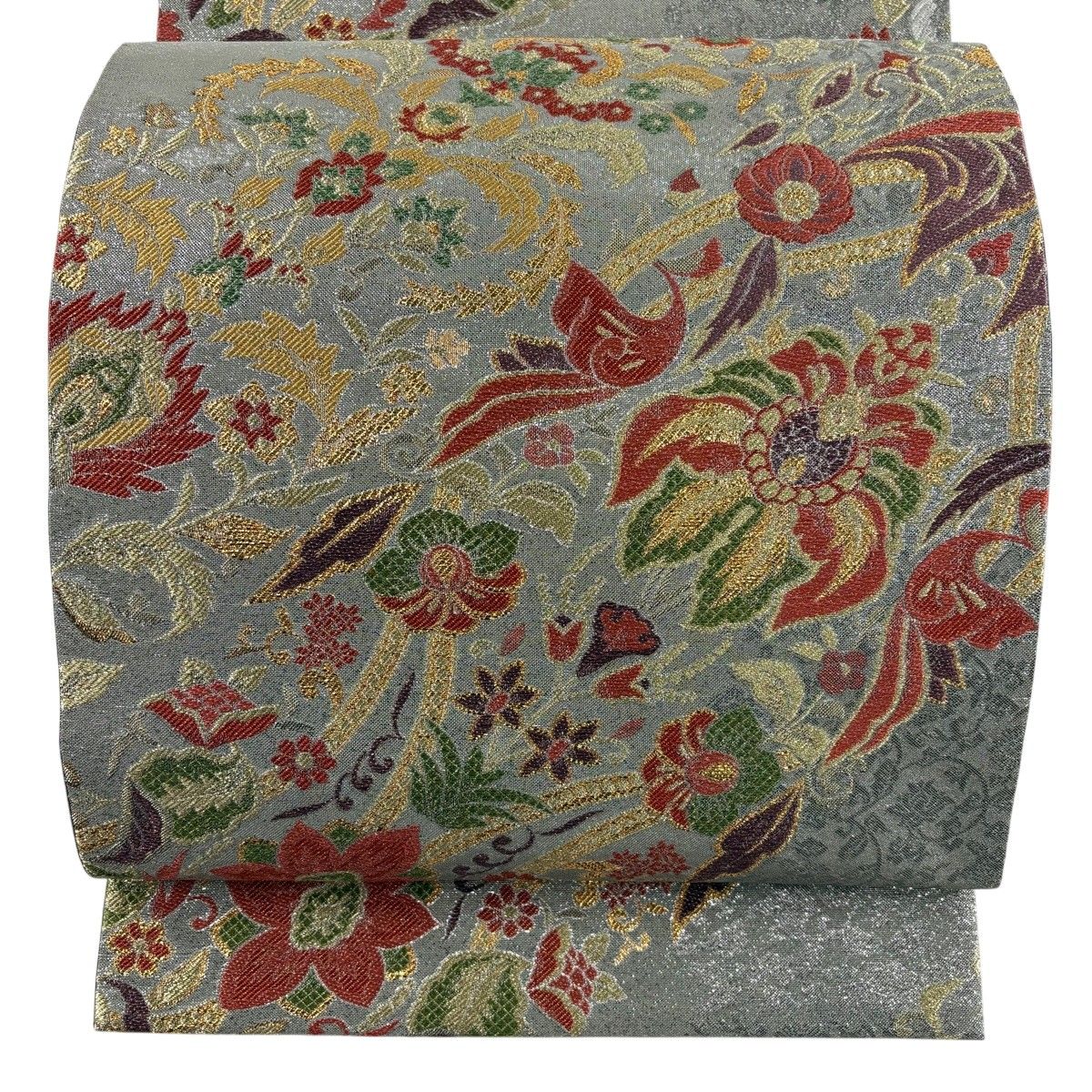 【美品】 袋帯 秀品 証紙 草花 箔 金銀糸 灰緑 六通 正絹 【中古】
