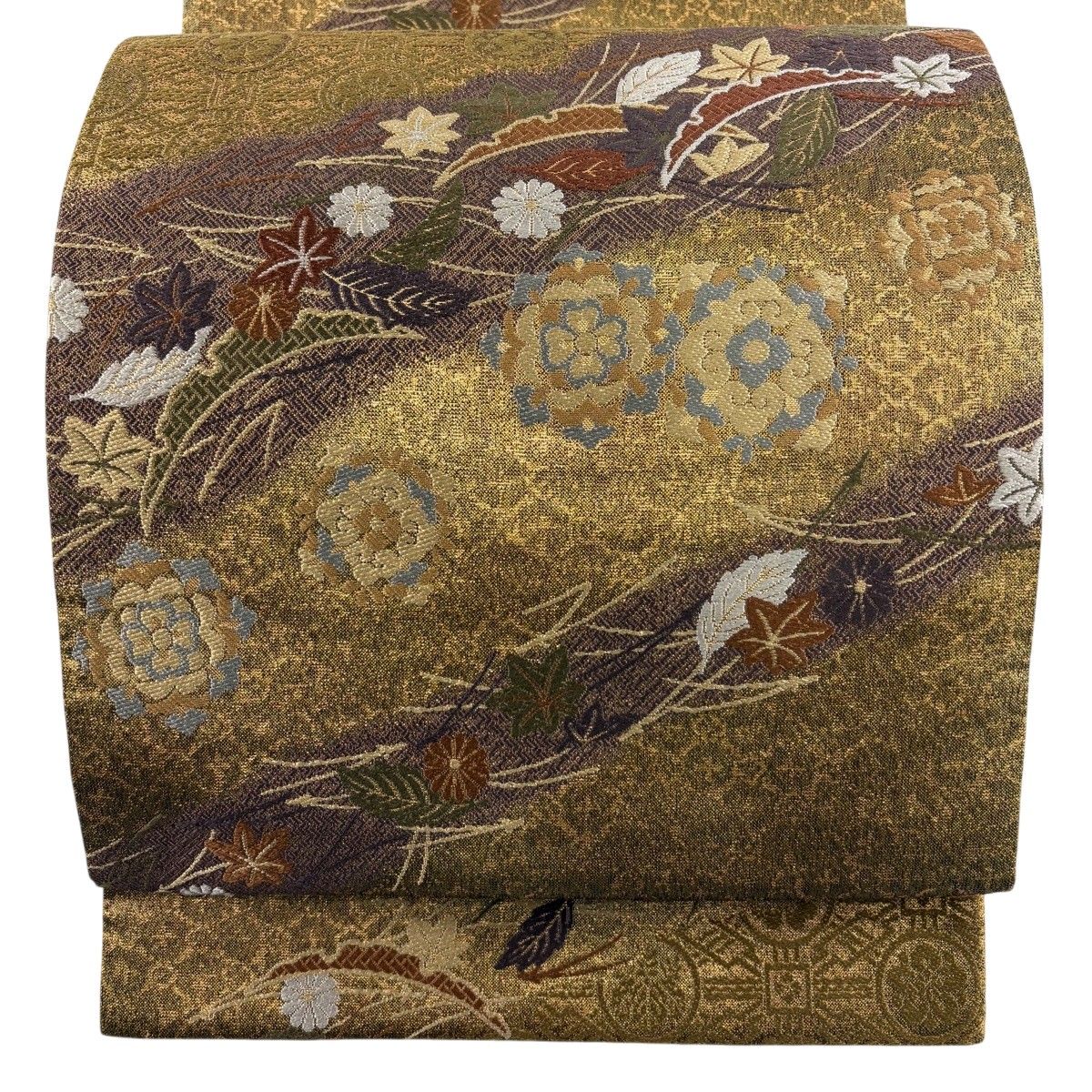 【美品】 袋帯 秀品 華文 吹き寄せ 金糸 箔 金色 六通 正絹 【中古】