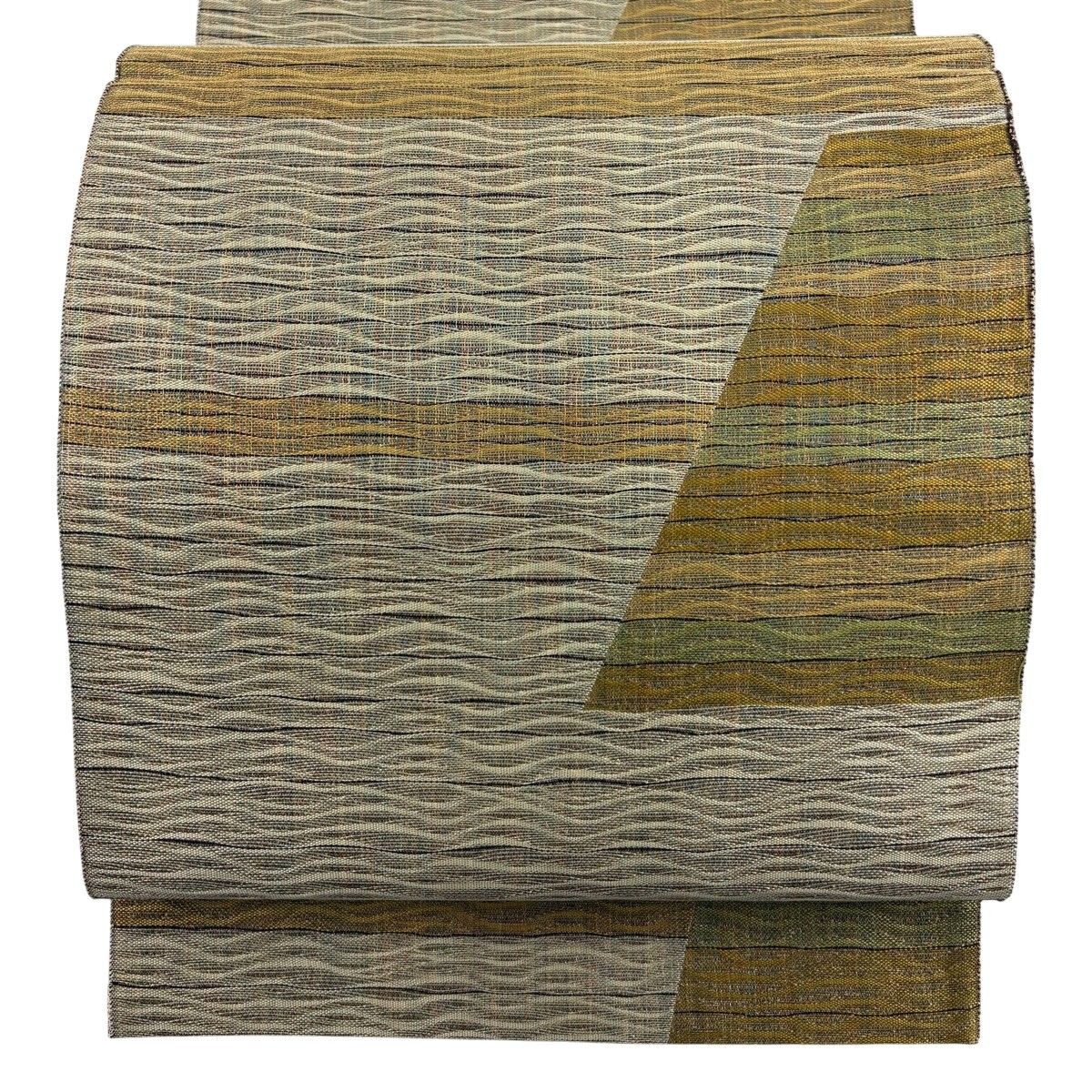 【美品】 袋帯 秀品 よろけ縞 幾何学 金通し 薄茶色 六通 正絹 【中古】