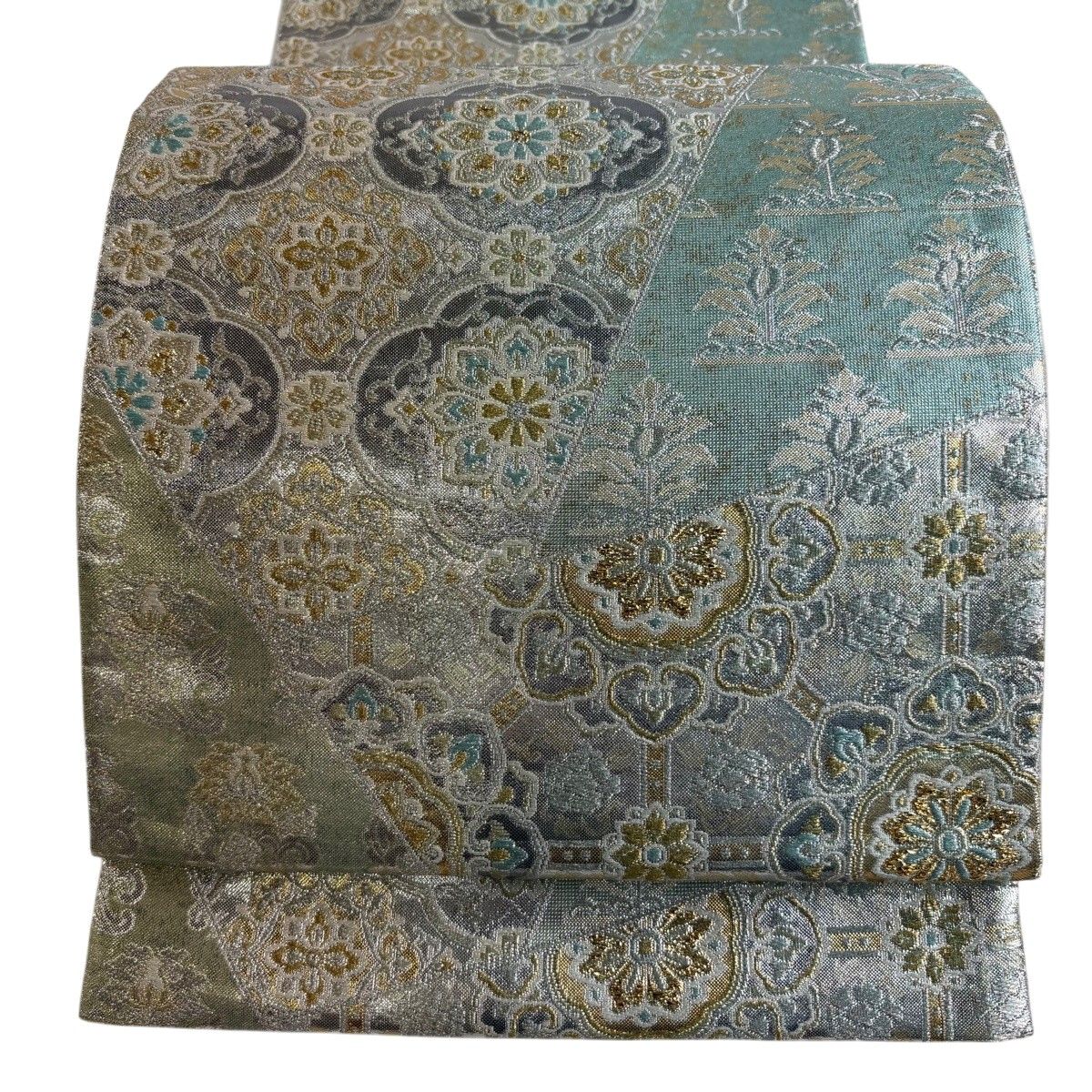 【美品】 袋帯 秀品 華文 更紗 箔 金銀糸 薄青緑 六通 正絹 【中古】