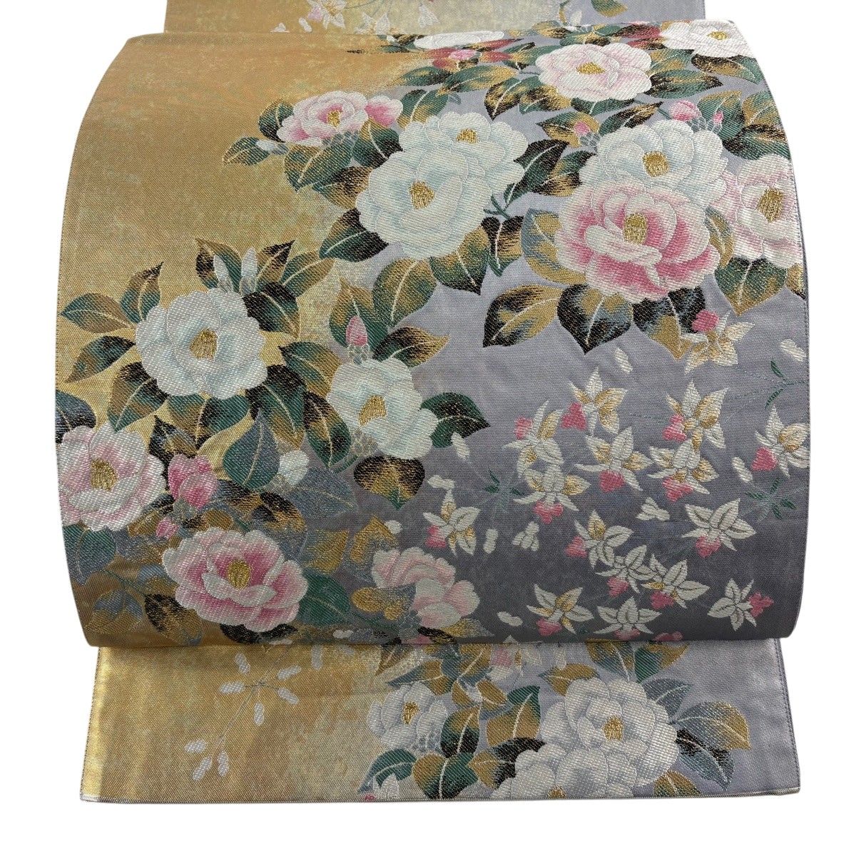 【美品】 袋帯 秀品 関西仕立て 椿 草花 金銀糸 箔 金色 六通 正絹 【中古】