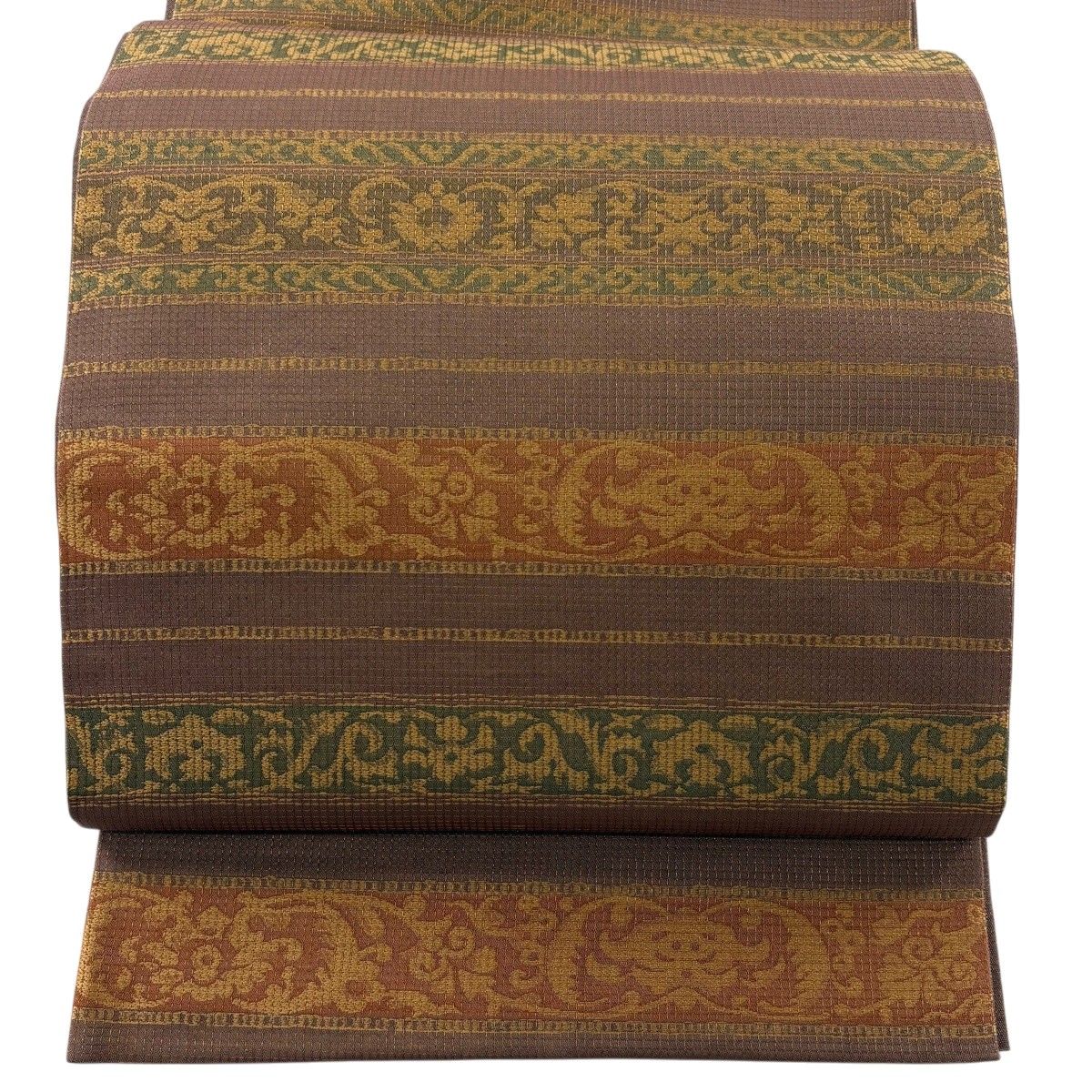 【美品】 袋帯 秀品 草花 縞 金糸 紫 全通 正絹 【中古】