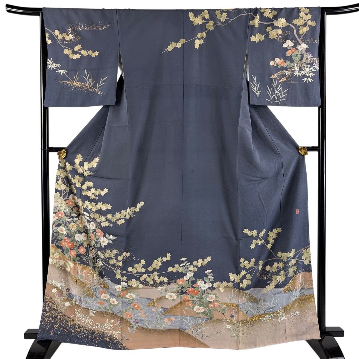 訪問着 身丈162.5cm 裄丈65cm M 袷 落款 椿 草花 金糸 金彩 青灰色 正絹 秀品 【中古】