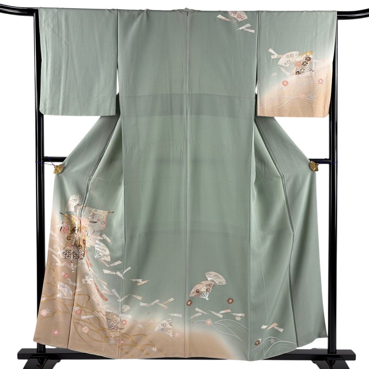 訪問着 身丈157cm 裄丈66.5cm M 袷 誰が袖 菊 金糸 金銀彩 灰緑 正絹 秀品 【中古】 8,800円