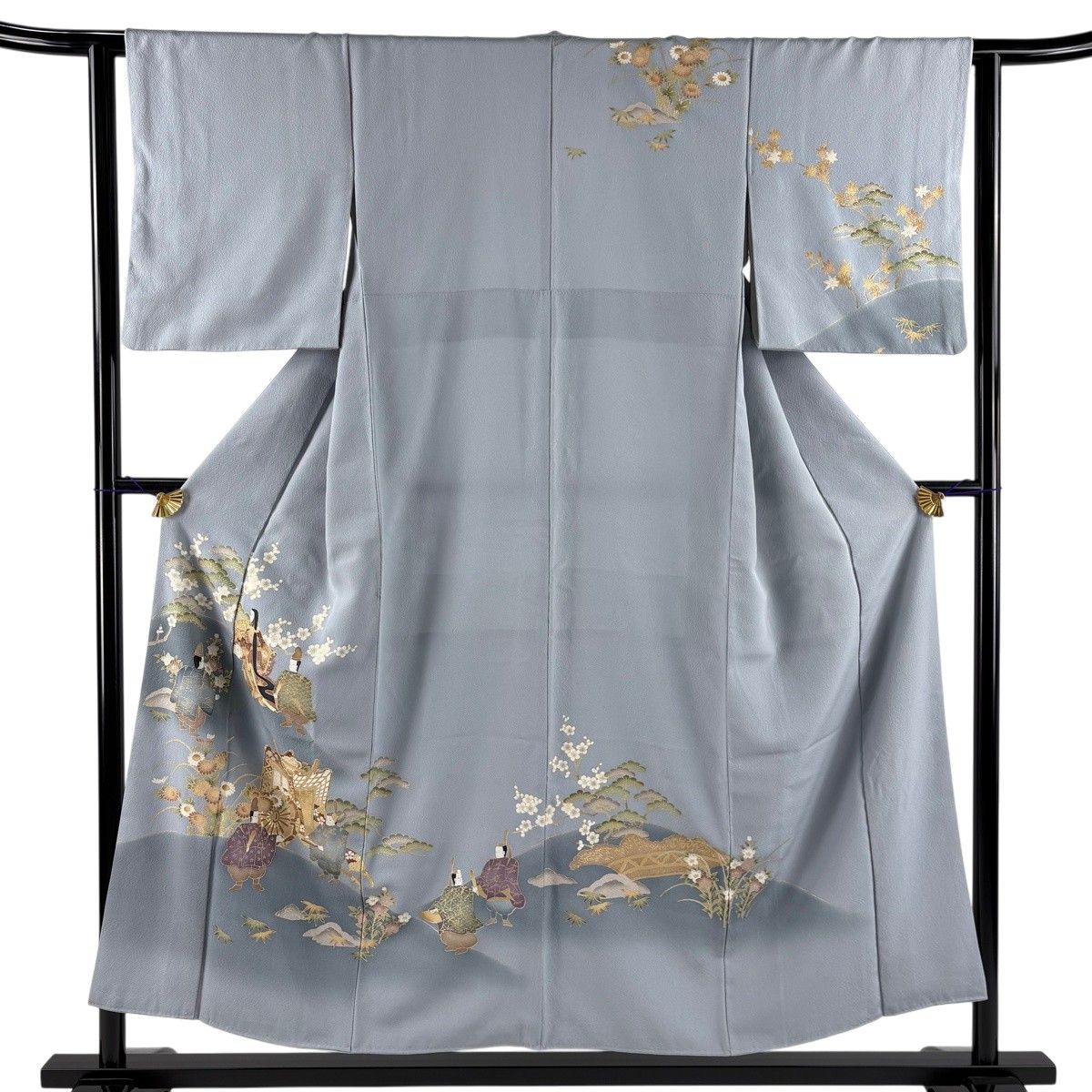 訪問着 身丈153cm 裄丈62cm S 袷 松竹梅 人物 金彩 ぼかし 青灰色 正絹 秀品 【中古】 8,800円