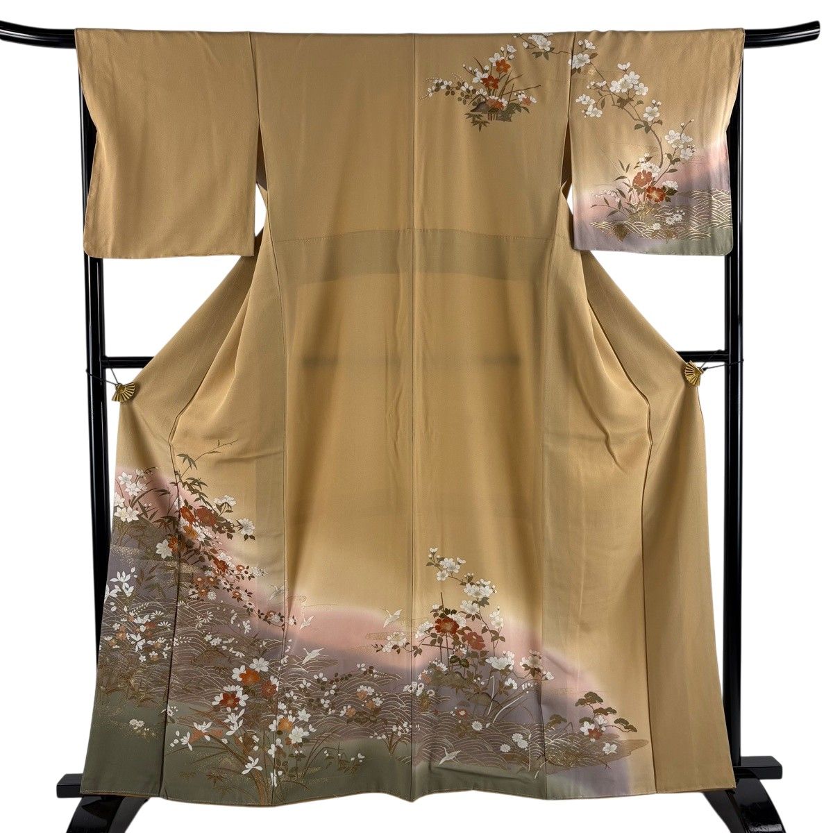 訪問着 身丈161cm 裄丈67.5cm L 袷 草花 波 金彩 ぼかし 薄茶色 正絹 秀品 【中古】 8,800円