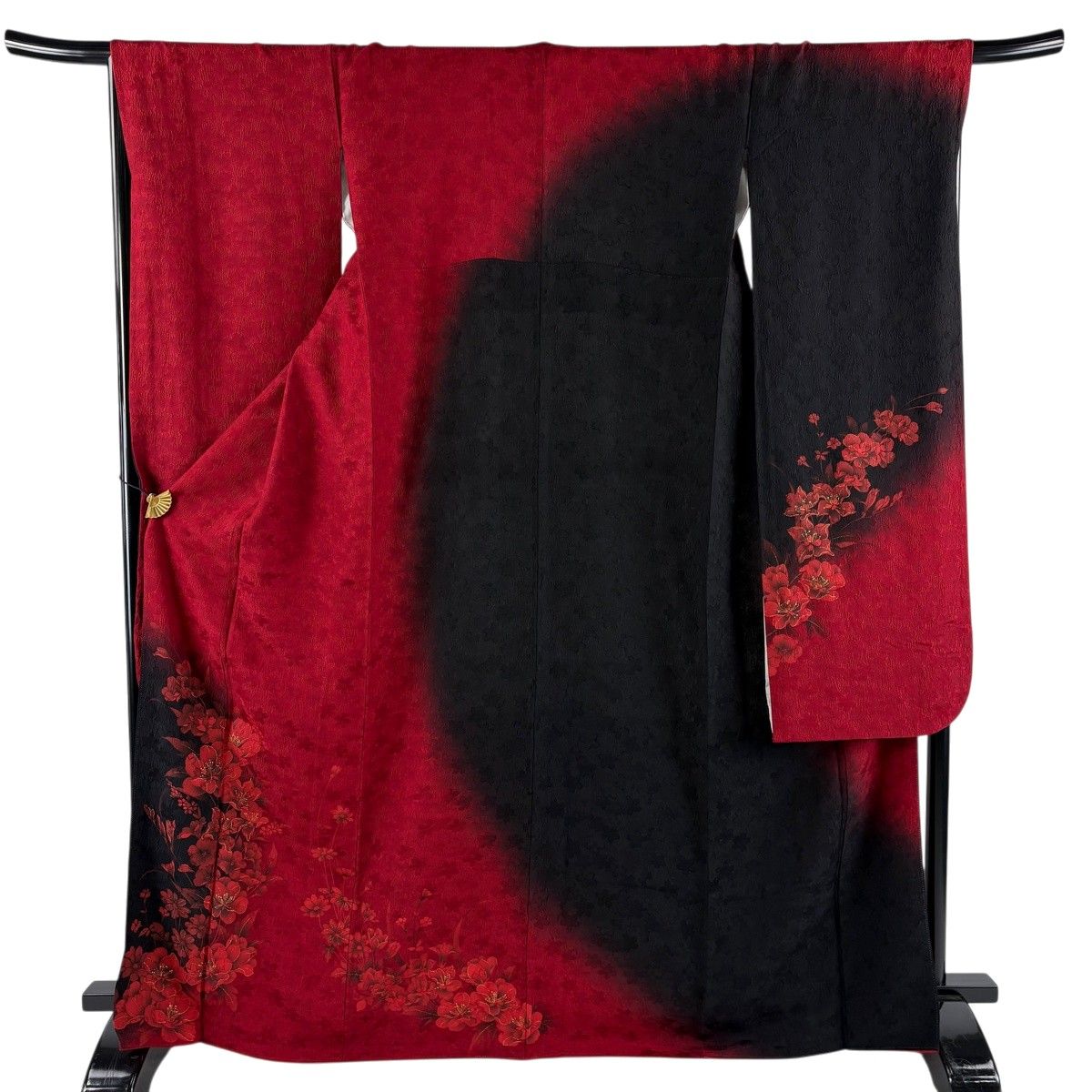 【美品】 振袖 身丈167cm 裄丈67cm M 袷 草花 地紋 金彩 染め分け 赤 正絹 秀品 【中古】
