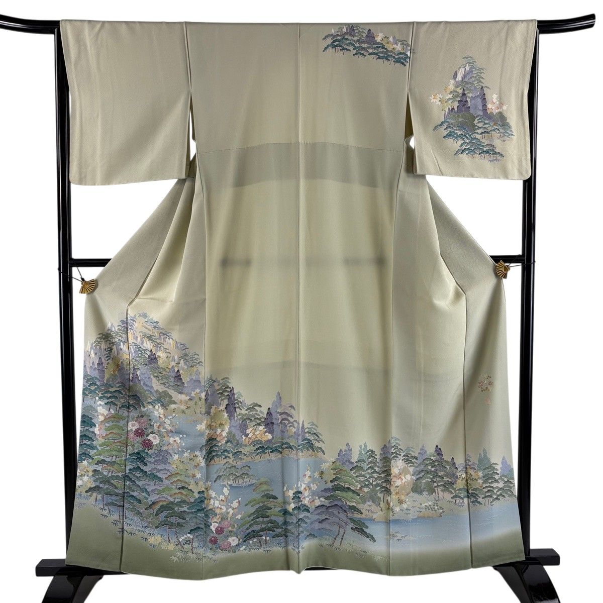 訪問着 身丈160cm 裄丈65cm M 袷 落款 松竹梅 樹木 ぼかし 灰緑 正絹 秀品 【中古】 8,800円