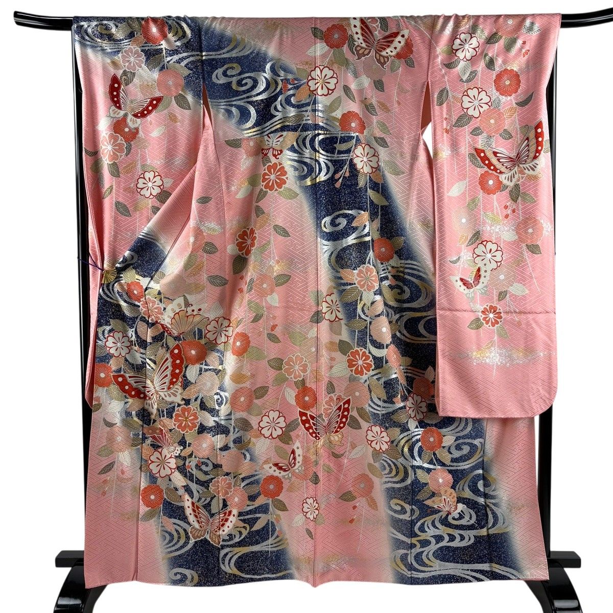 振袖 身丈166cm 裄丈68.5cm L 袷 蝶 枝垂れ桜 金糸 金銀彩 ピンク 正絹 秀品 【中古】 6,864円