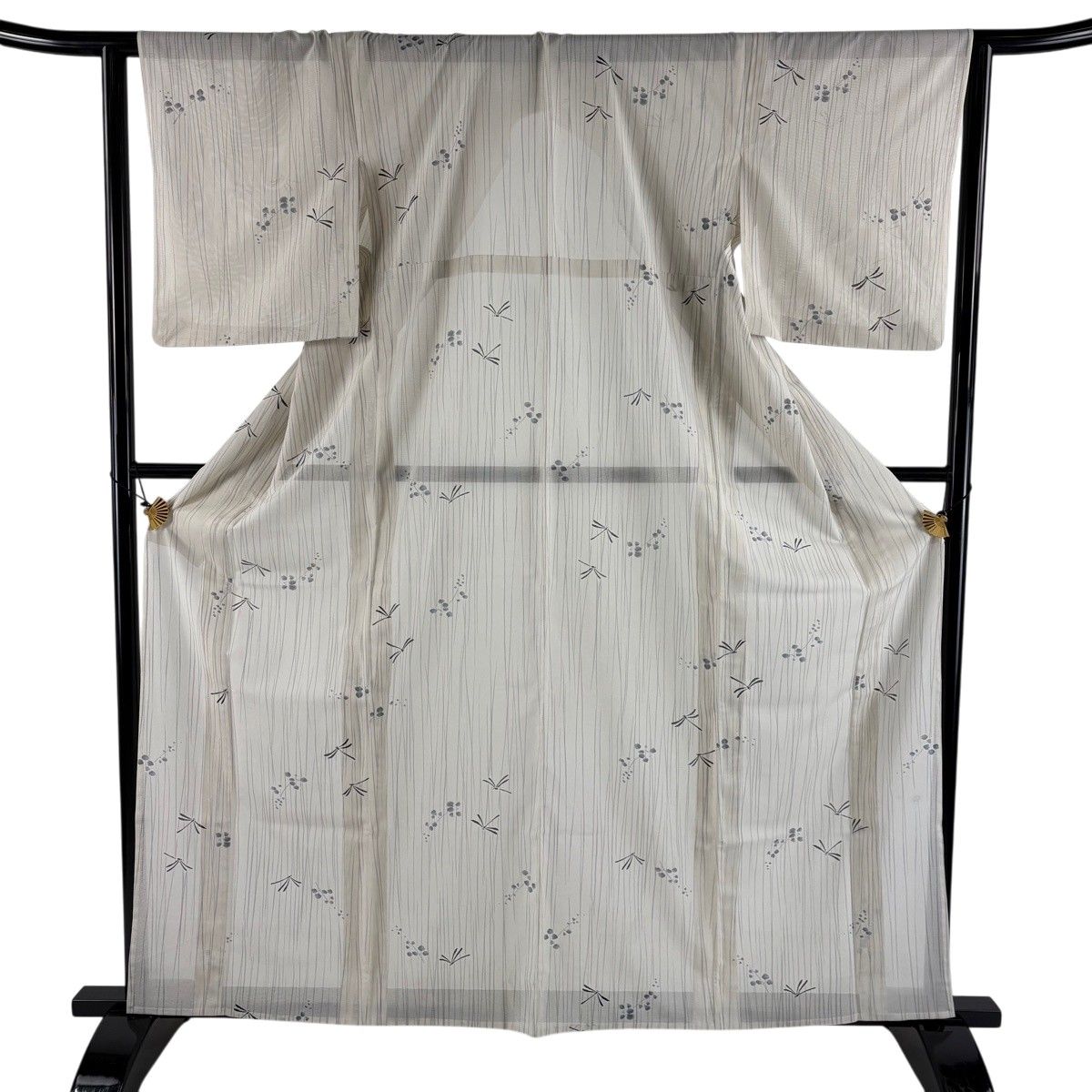 小紋 身丈162.5cm 裄丈63.5cm S 薄物 絽 トンボ 縦縞 クリーム 正絹 秀品 【中古】 9,204円