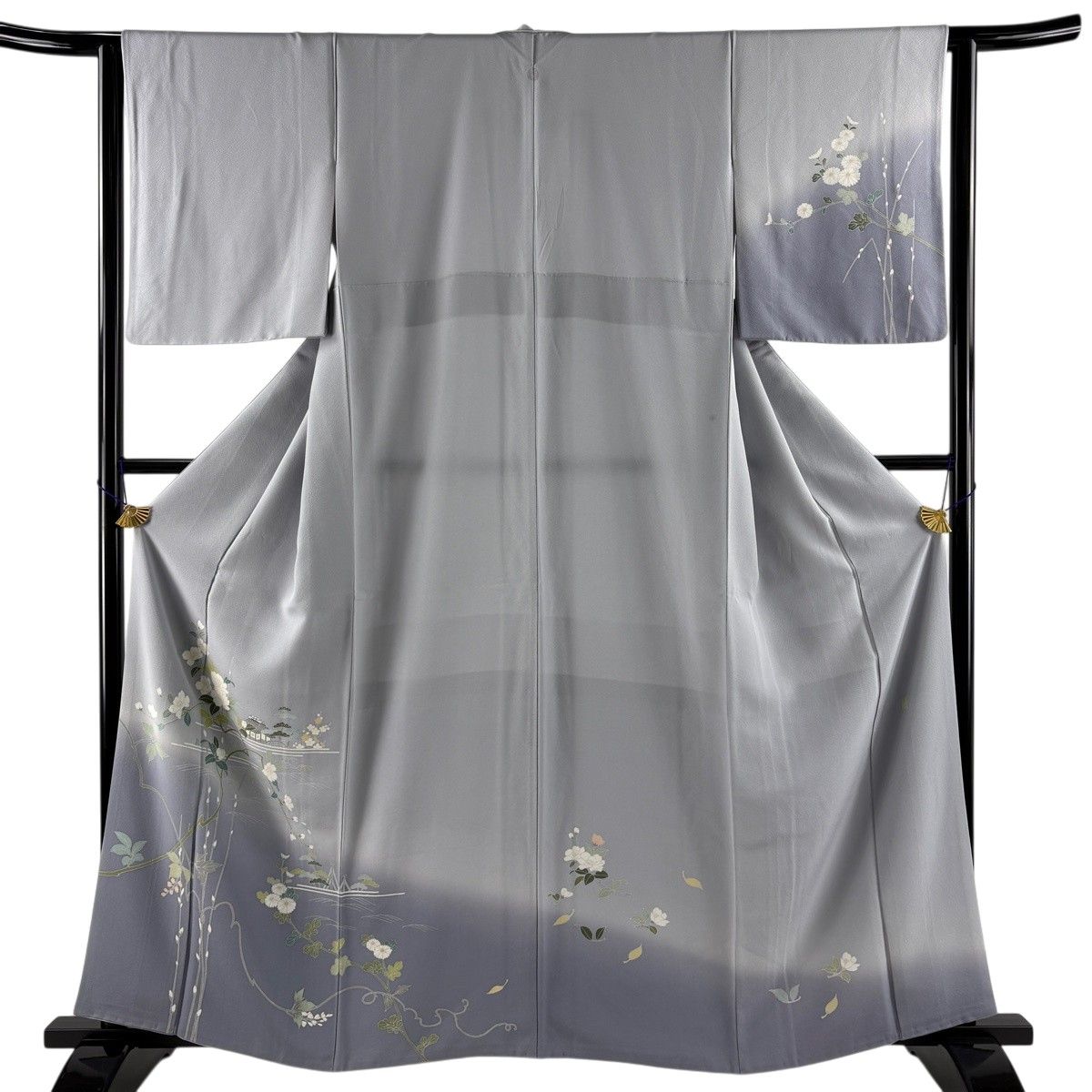 訪問着 身丈161.5cm 裄丈63cm S 袷 落款 枝花 家屋 ぼかし 青灰色 正絹 秀品 一つ紋 【中古】 8,800円