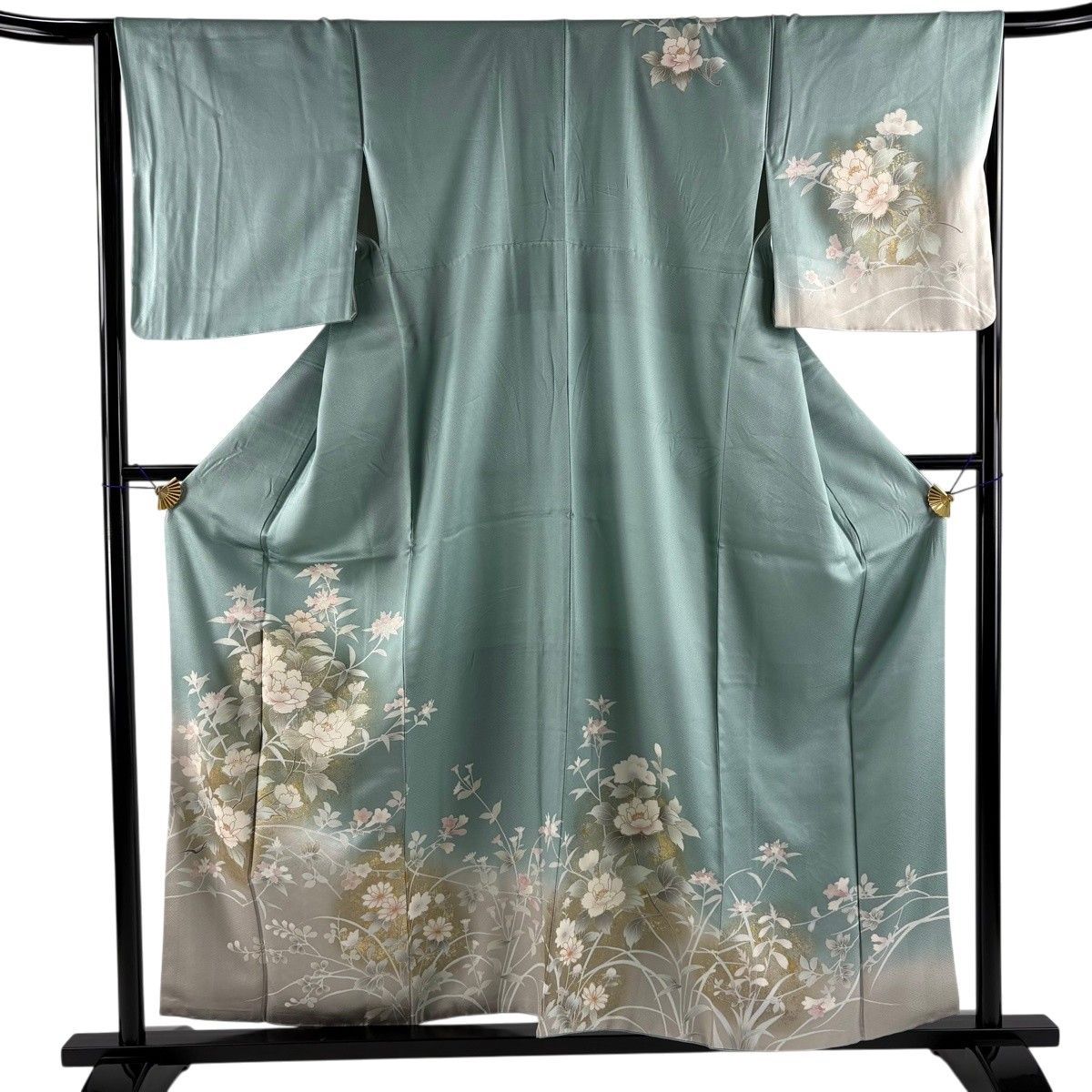 訪問着 身丈158cm 裄丈66cm M 袷 牡丹 草花 金銀彩 ぼかし 薄緑 正絹 秀品 【中古】 8,800円