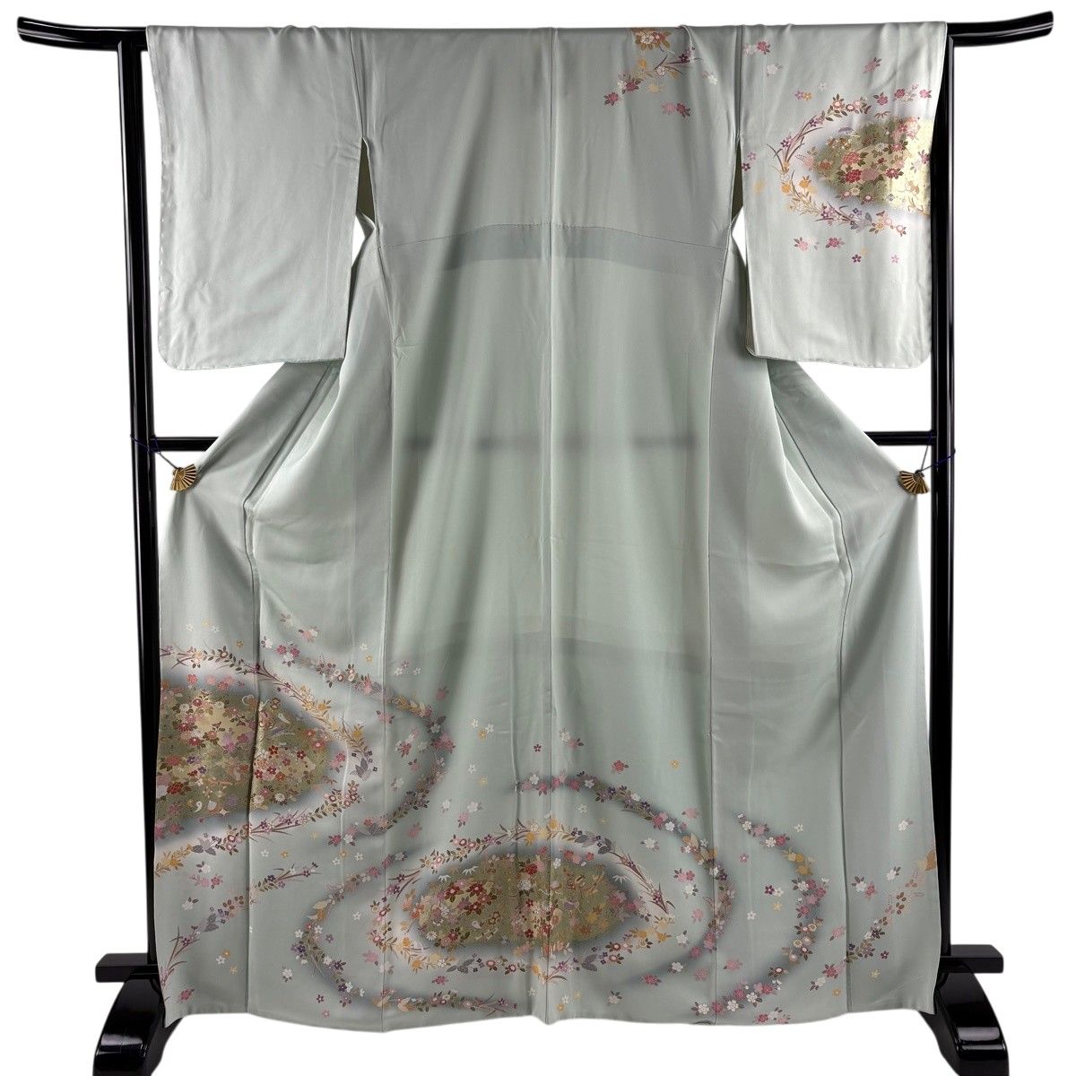 訪問着 身丈166.5cm 裄丈64.5cm M 袷 草花 宝尽くし 金糸 金彩 薄緑 正絹 秀品 【中古】 6,600円