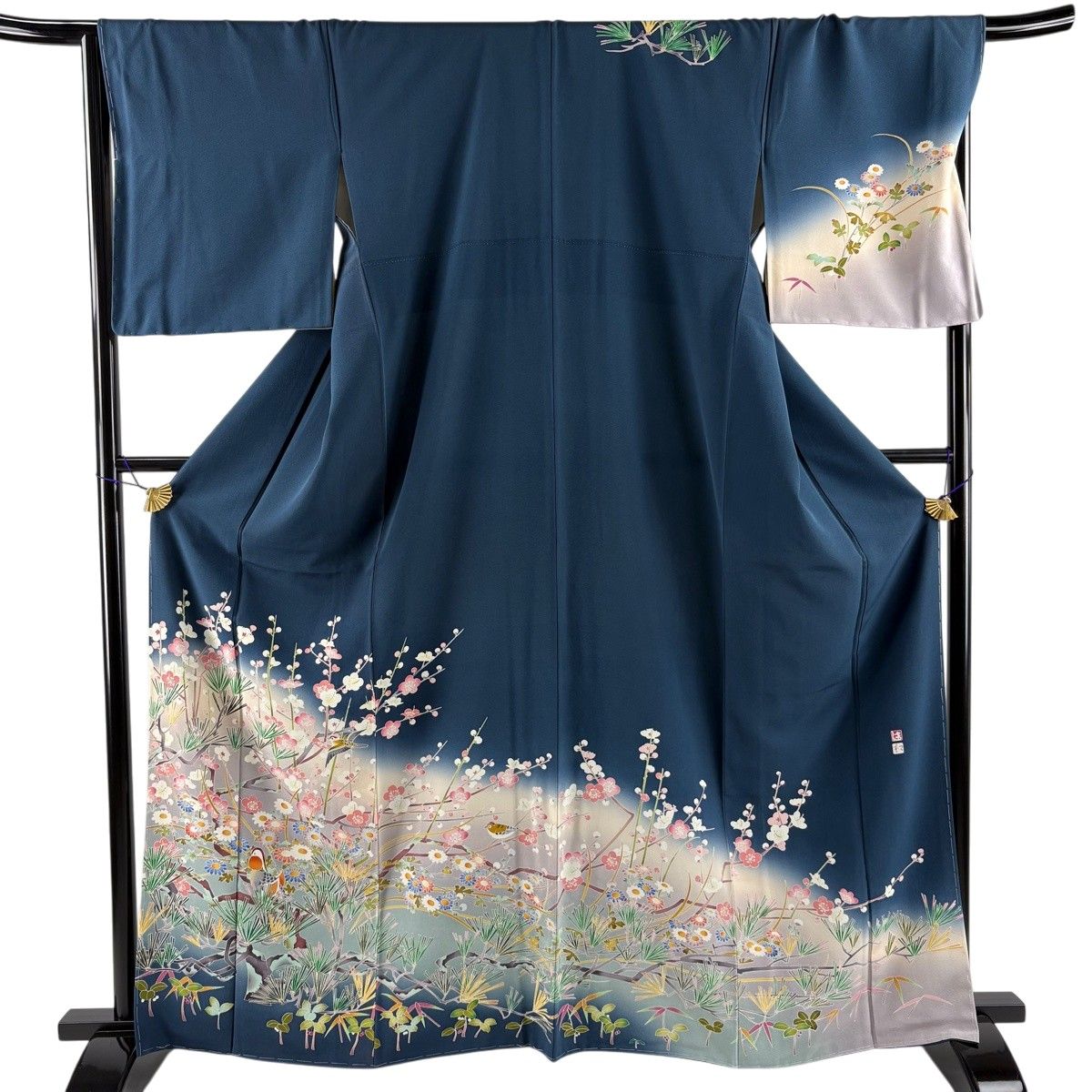 訪問着 身丈163cm 裄丈67.5cm L 袷 松本健一 落款 鴛鴦 松梅 染め分け ぼかし 濃紺 正絹 秀品 【中古】 8,800円