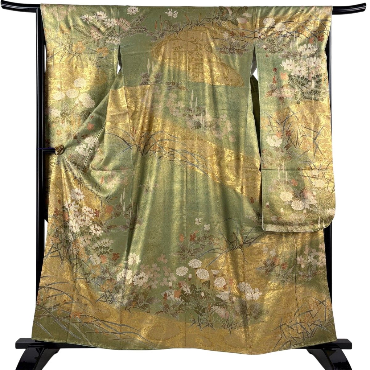 振袖 身丈160cm 裄丈65cm M 袷 草花 波 金彩 金糸 よもぎ色 正絹 秀品 【中古】 7,040円