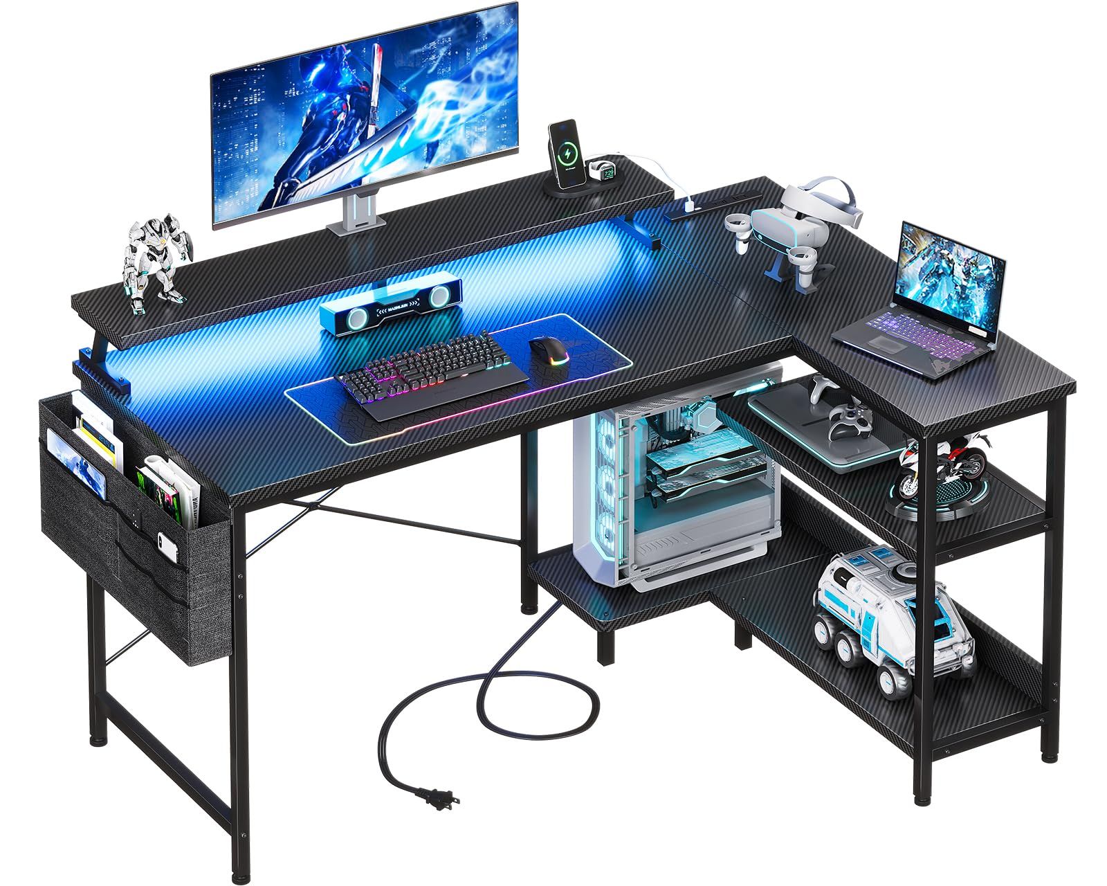 AODK ゲーミングデスク コンセント付き パソコンデスク RGBライト l字デスク 棚付き デスク 袋付き 机 幅120 pcデスク モニター台 desk 収納 オフィスデスク 在宅勤務 仕事用 組立簡単 カーボンブラックｍａ