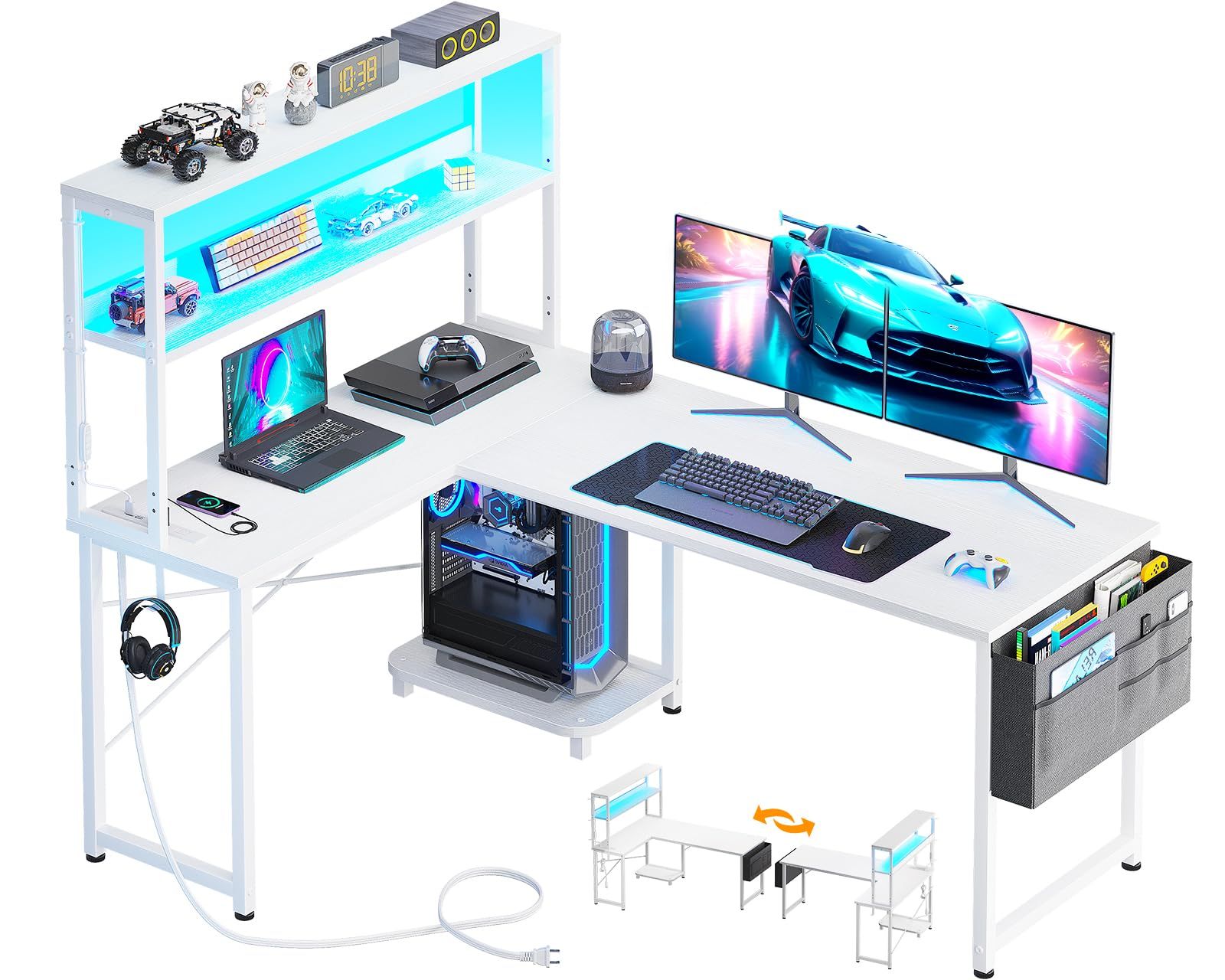 AODK ゲーミングデスク コンセント付き パソコンデスク 袋付き l字デスク デスク 机 幅135cm ラック付き pcデスク ワーク 収納 オフィス 仕事用 在宅勤務 組立簡単 ホワイトｍａ
