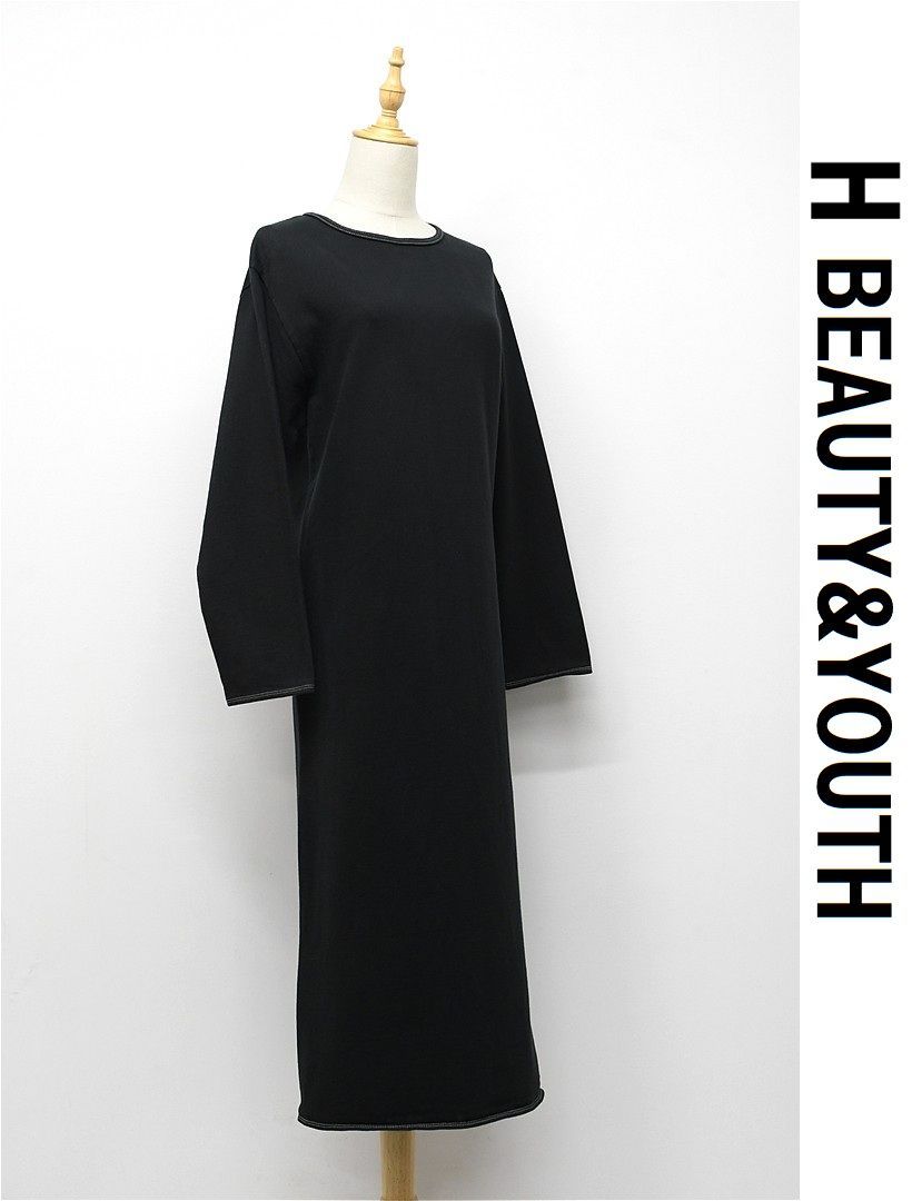 G627/美品 H BEAUTY&YOUTH バックスリットマキシワンピース ロング 黒染め ドロップショルダー クルーネック