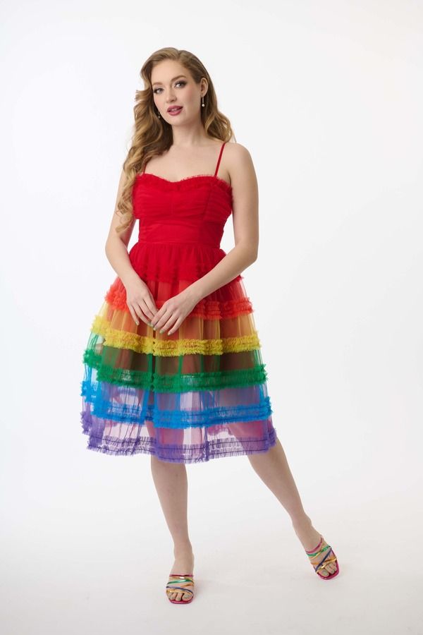 ユニークビンテージ レディース トップス ワンピース ティアード シアー Unique Vintage Tie red Sheer Swing Dress Rainbow