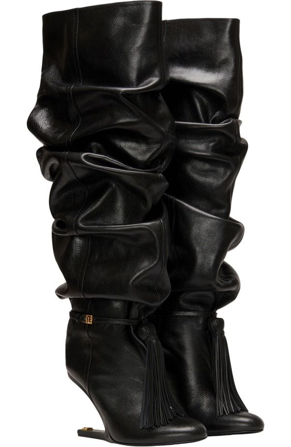 バルマン レディース シューズ スニーカー ブーツ レザー Balmaino Wedge textu red leather thighhigh boots with tassel Women bla