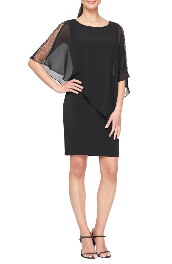 エスエルファッションズ レディース トップス ワンピース ケープデザイン キャップ ケープ SL FASHIONShort Sheath Dress Embellished Cape Set BLAC