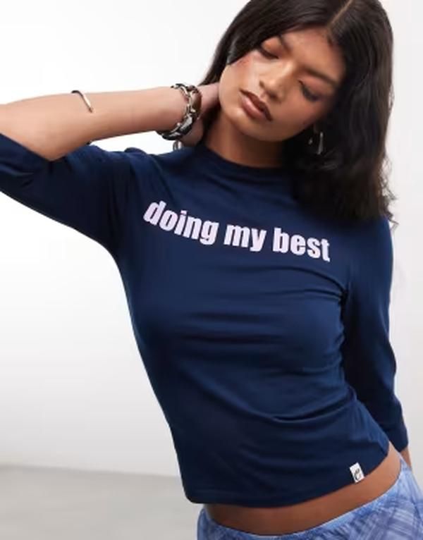 コルージョン レディース トップス Tシャツ COLLUSION Doing My Best slogan 34 sleeve fitted top NAVY ネイビー