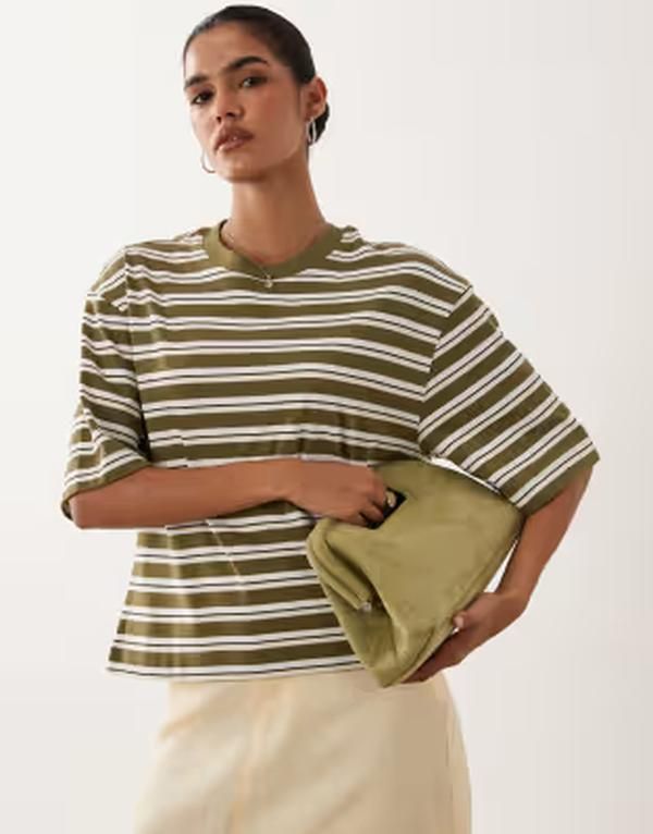 ジーナトリコ レディース トップス Tシャツ プリント Gina Tricot short sleeve boxy tee striped print Green stripe グリーン 10,066円