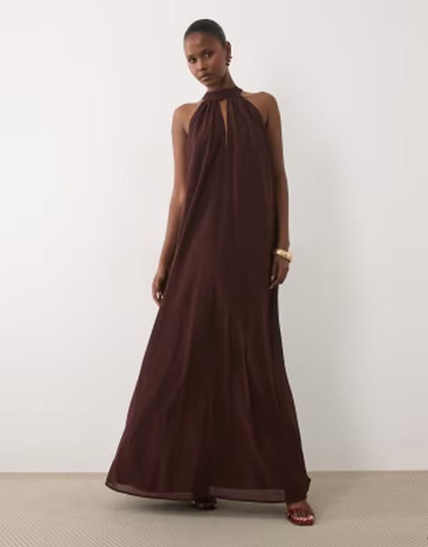 レース アンド ビーズ レディース トップス ワンピース ノースリーブ マキシ Lace Beadsleeveless choker detail trapeze maxi dress in choc