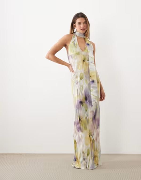 エイソス レディース トップス ワンピース フラワー柄 プリント マキシ フラワー ASOS DESIGN pliss maxi dress with scarf detail floral prin