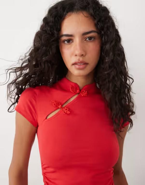 エイソス レディース トップス Tシャツ キャップ ASOS DESIGN stand collar cap sleeve top RED レッド