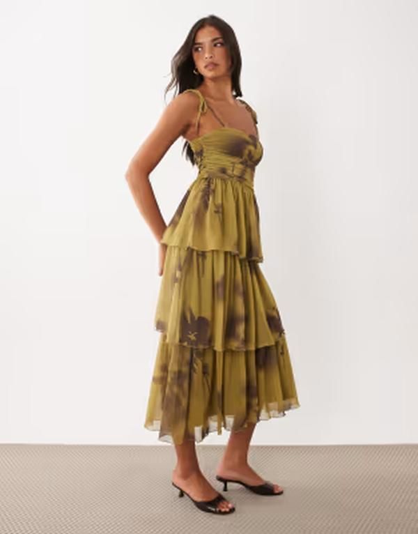 エイソス レディース トップス ワンピース ティアード プリント メッシュ ASOS DESIGN tie red printed mesh midaxi dress Printed