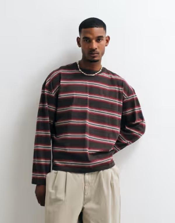 ウィークデイ メンズ トップス Tシャツ Weekday oversized long sleeve Tshirt and brown stripe BROWNRED STRIPE レッド 10,625円