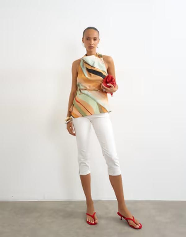 トップショップ レディース トップス タンクトップリント ホルター Topshop halter tie waistop in abstract print Abstract print