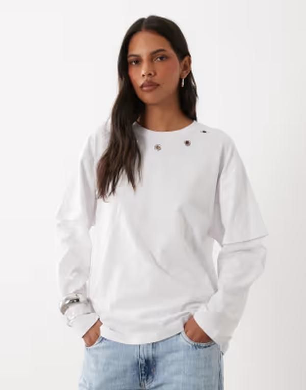 エイソス レディース トップス Tシャツ ASOS DESIGN double layer Tshirt with eyelet details WHITE ホワイト