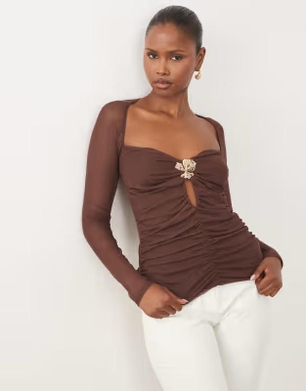 エイソス レディース トップス Tシャツ ギャザー メッシュ ASOS DESIGN mesh square neck ruched top with trim bust detail in choc