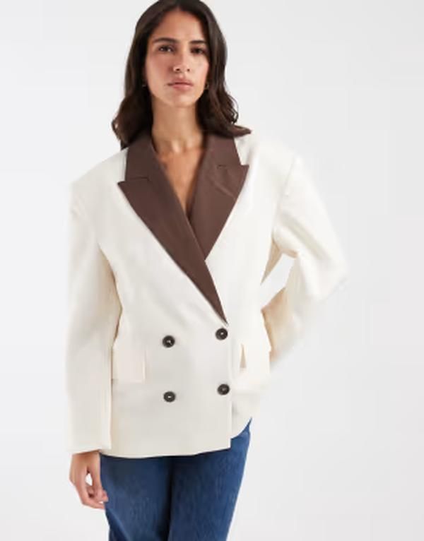 エイソス レディース アウター ジャケット・ブルゾン コントラスト ブレザー リネン ASOS DESIGN linen blend contrast lapel blazer set in crea