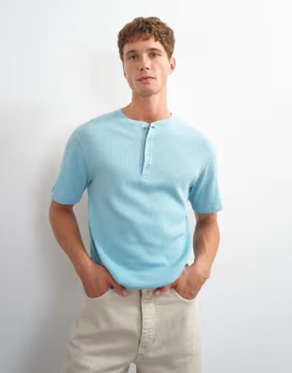 トップマン メンズ トップス Tシャツ リブニット スリムフィット ヘンリーネック ニット Topman slim fit rib knit henley neck tshirt in light B