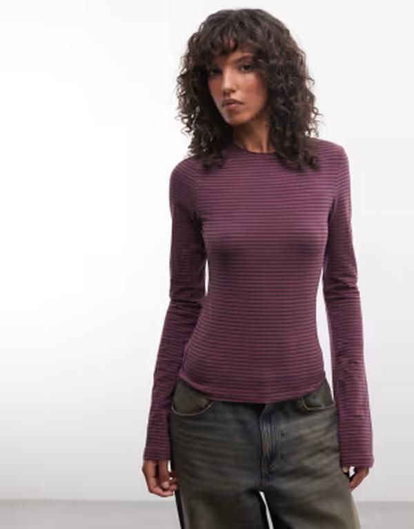 ウィークデイ レディース トップス Tシャツ スリムフィット Weekday slim fit long sleeve top with fla red sleevestripe Purple パープ