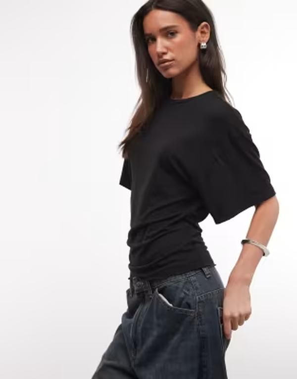 ウィークデイ レディース トップス Tシャツ ウエストマーク シアー Weekday slightly sheer cinched waistshirt Black ブラック