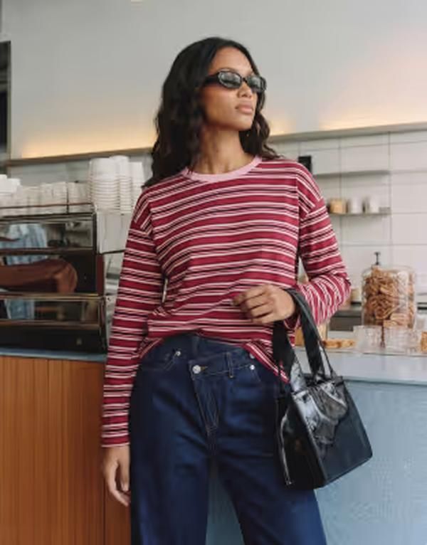 ヴェロモーダ レディース トップス Tシャツ コットン Vero Moda cotton oversized long sleeve Tshirt and red stripes Prism Pink
