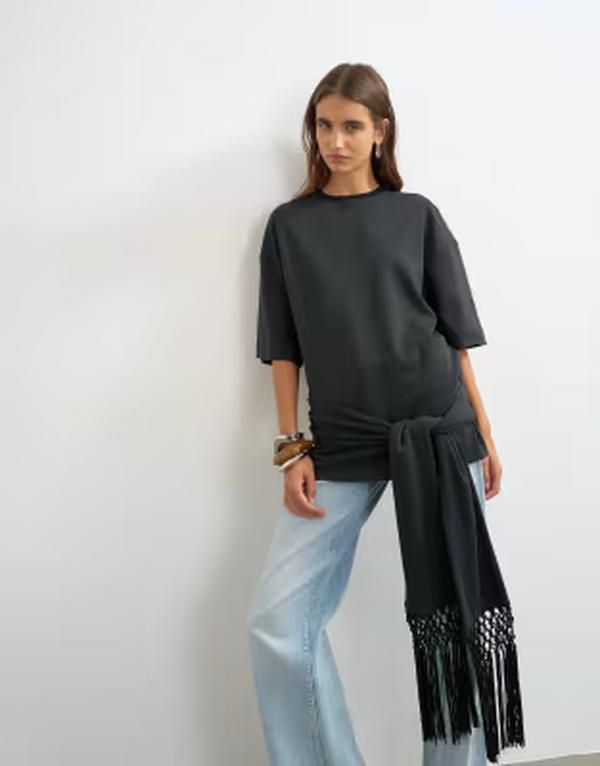 トップショップ レディース トップス Tシャツ タイディテール フリンジ Topshopremium fringe tie detail tee Black ブラック