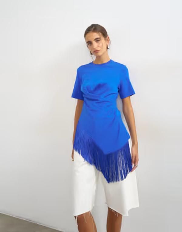 トップショップ レディース トップス Tシャツ フリンジ Topshop fringe trim wrap frontassel hem tee in cobalt BLUE ブルー
