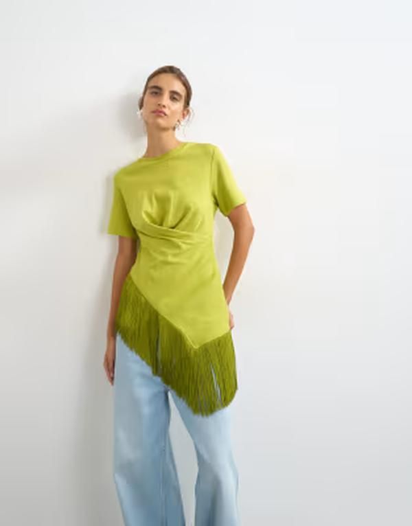 トップショップ レディース トップス Tシャツ フリンジ Topshop fringed wrap frontassel hem tee in olive オリーブ 14,896円