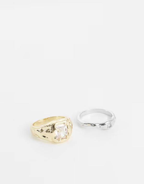 カイア レディース アクセサリー リング Kaiia exclusive 2 pack molten metal detail gem front ring and Mixed Metal ゴールド